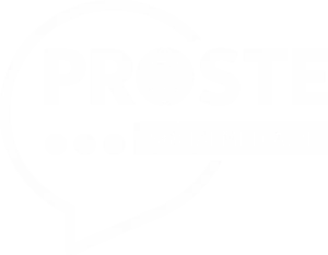 Białe, monochromatyczne logo marki Proste Social Media z symbolem kuli ziemskiej na przezroczystym tle.
