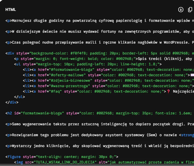 jak automatyzować proste zadania w firmie - gotowy kod HTML wklejony do edytora WordPress