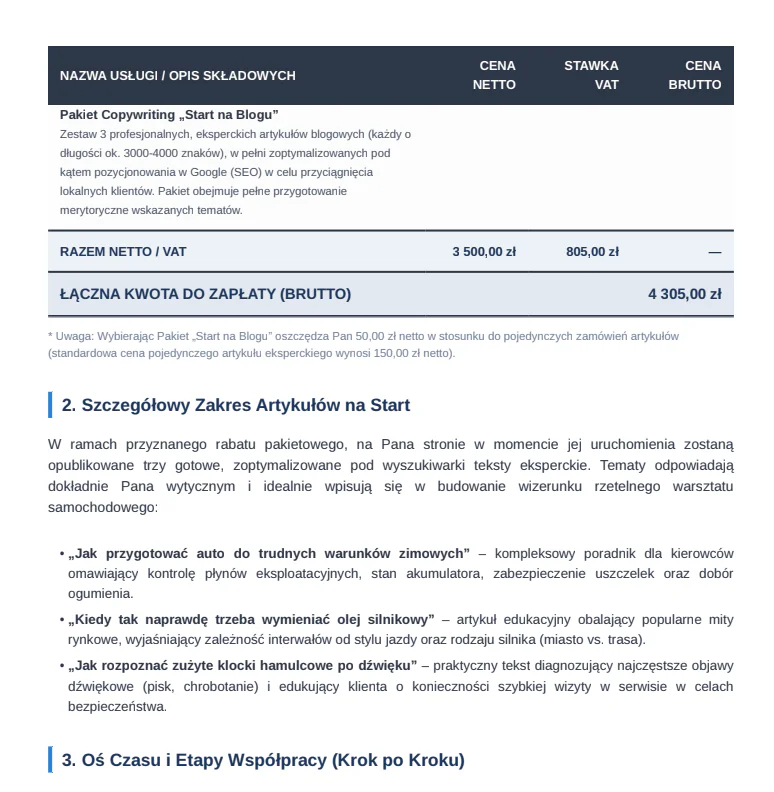 jak automatyzować proste zadania w firmie - profesjonalna tabela wyceny wygenerowana przez AI