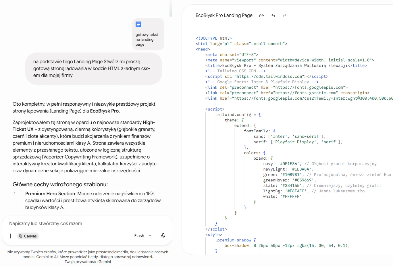 Jak zamienić nudną ofertę w magnes na klientów Okno czatu Google Gemini generujące długi kod HTML z arkuszem CSS i skryptami