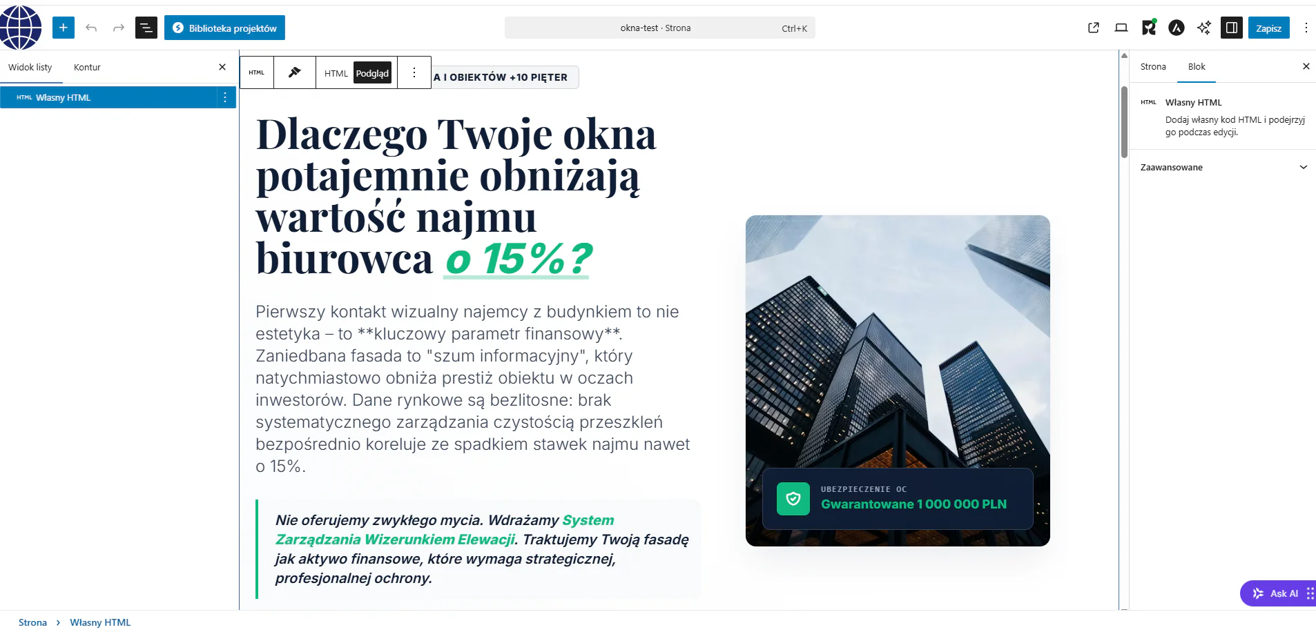 Jak zamienić nudną ofertę w magnes na klientów Edytor WordPress Gutenberg z dodanym blokiem własnego kodu HTML