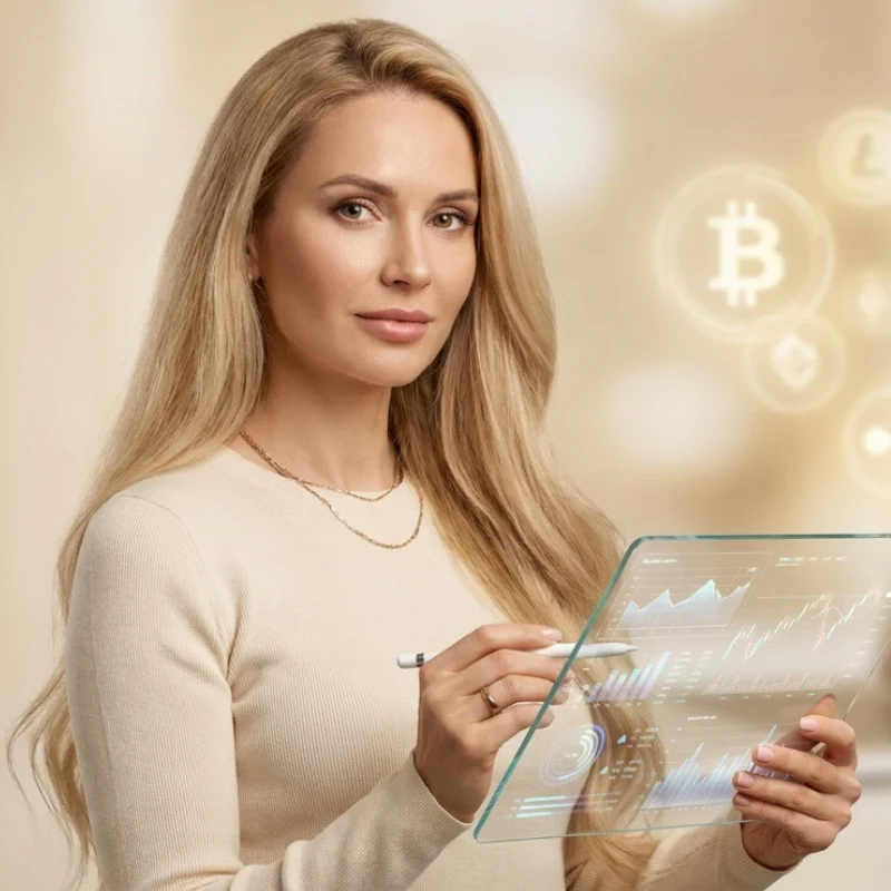 bożena bilans bozena bilans ksiegowa - Portret blondynki trzymającej przezroczysty tablet z wykresami giełdowymi, z holograficznymi ikonami kryptowalut w tle.