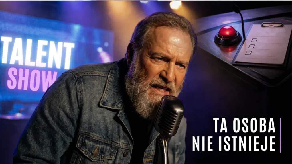 Brodaty mężczyzna śpiewający do mikrofonu na scenie talent show, ilustracja fałszywej persony AI Michael Bennett z napisem Ta osoba nie istnieje