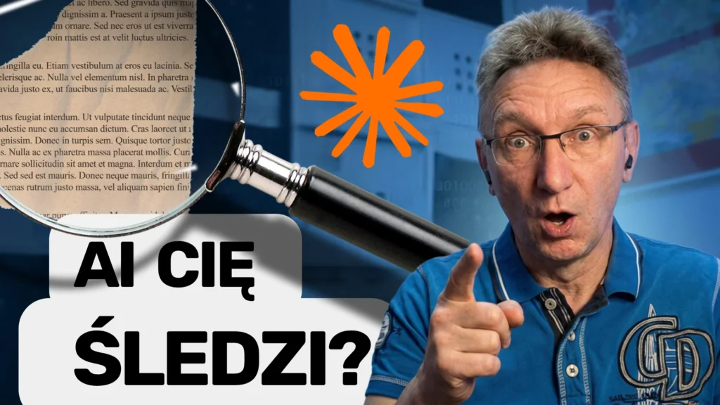 Michał Toussaint z lupą powiększającą tekst, w tle logo AI i cyfrowe znaki binarne, ilustracja do artykułu o znakach wodnych w Claude AI