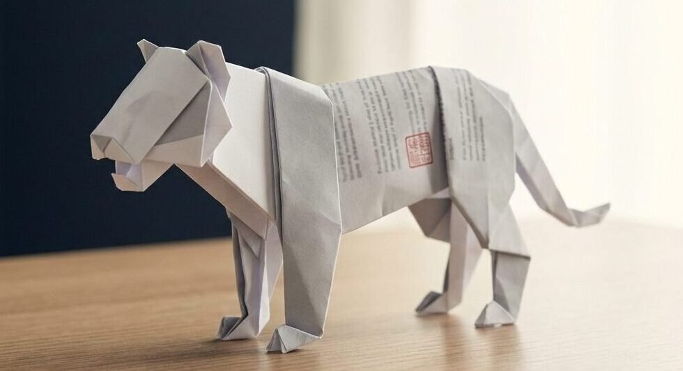 papierowy tygrys z papieru stojacy na biurku